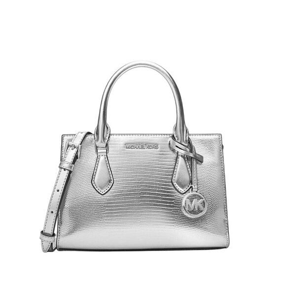 MICHAEL KORS Sheila Small Satchel Handbag Crossbody Embossed Purse Silver NWT - Picture 1 of 10
